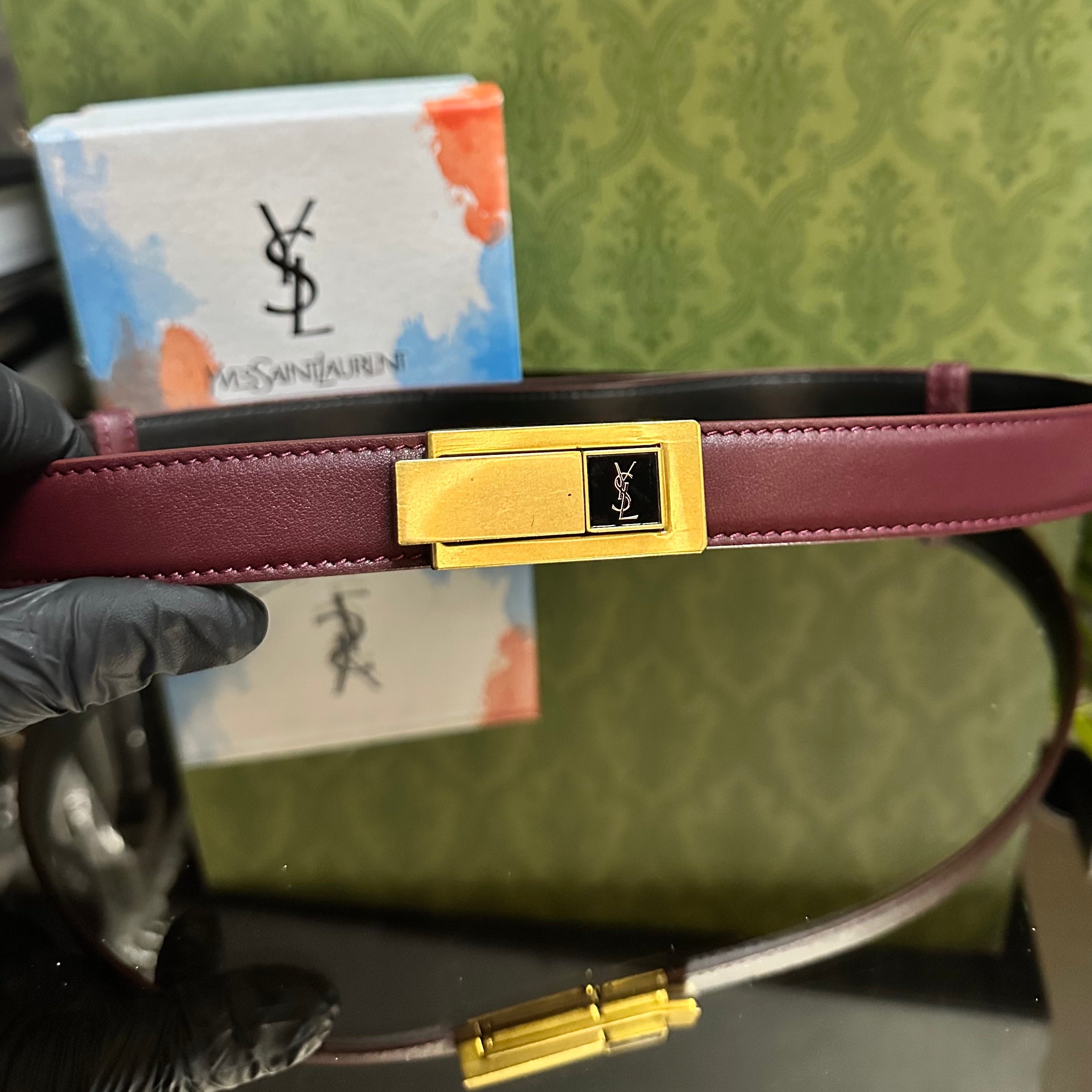 Ysl Δερμάτινη ζώνη Μπορντό￼