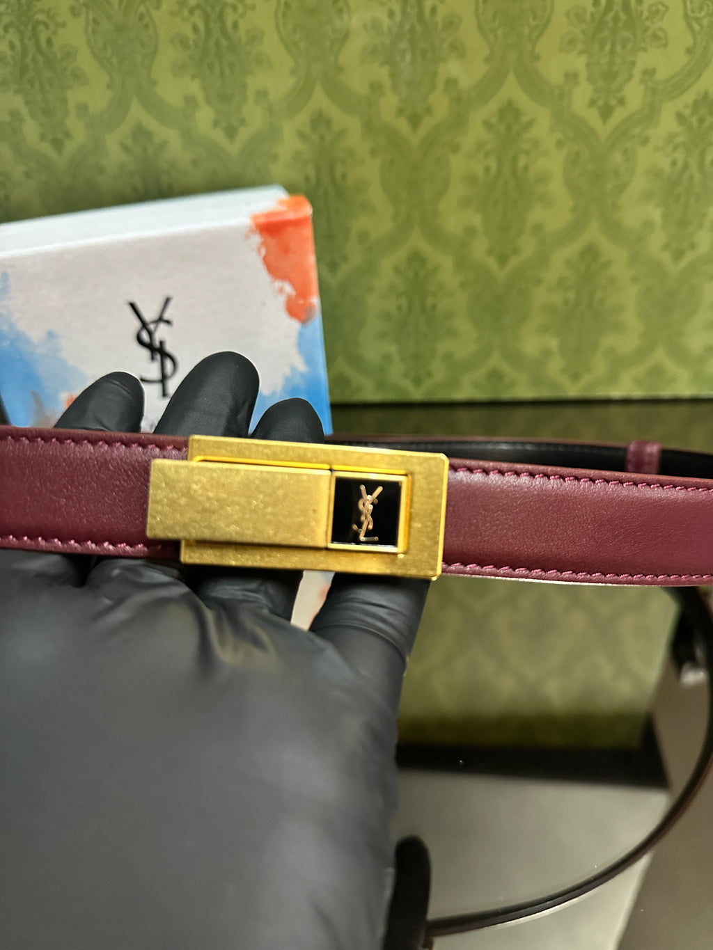 Ysl Δερμάτινη ζώνη Μπορντό￼